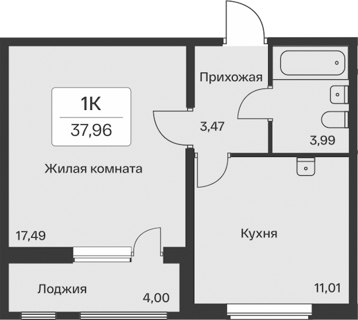 1-комнатная квартира 37.96 м², 11/11 эт., ЖК «Расцветай в Янино»